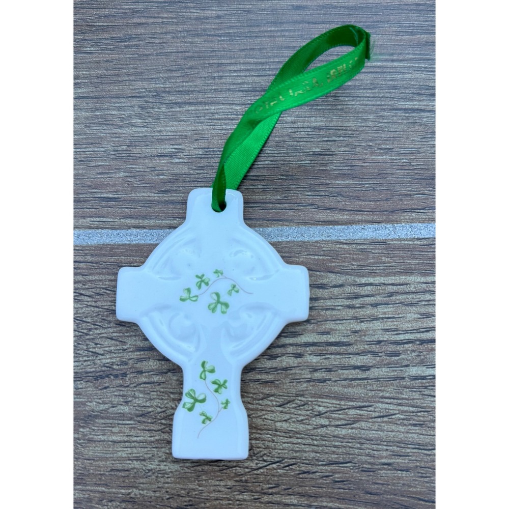 Royal Tara Ireland Fine Bone China Celtic Cross Shamrock Ornament Green Ribbon